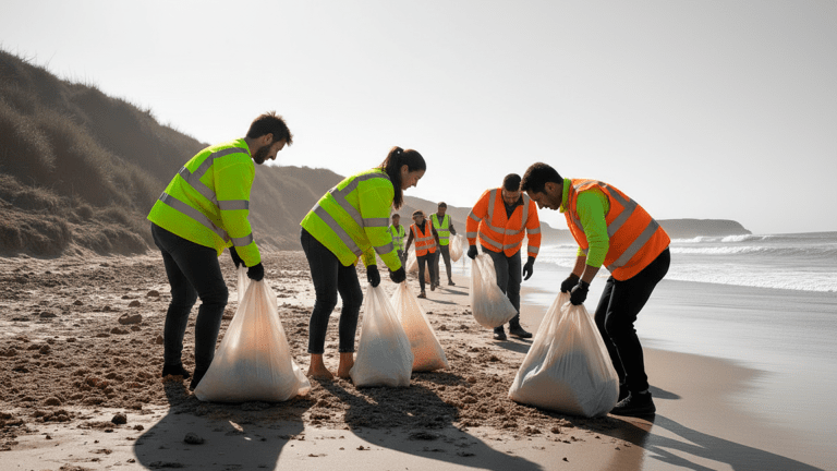 Personas con chalecos reflectantes recogen basura en bolsas grandes en la orilla de una playa. Imagen generada con inteligencia artificial.