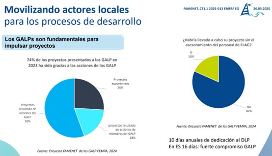 Infografía con tres gráficos circulares sobre el papel de los GALP en el desarrollo local. El primero muestra que el 74 % de los proyectos presentados en 2023 fueron impulsados por los GALP; el 56 % directamente, el 18 % con apoyo de un miembro del GALP, y el 26 % sin su participación. El segundo gráfico indica que el 81 % de los encuestados no habría realizado su proyecto sin asesoramiento del FLAG. El texto inferior destaca una media de 10 días anuales de dedicación al DLP, y 16 días en Galicia. Fuente: Encuesta FAMENET de los GALP FEMP 2024.
