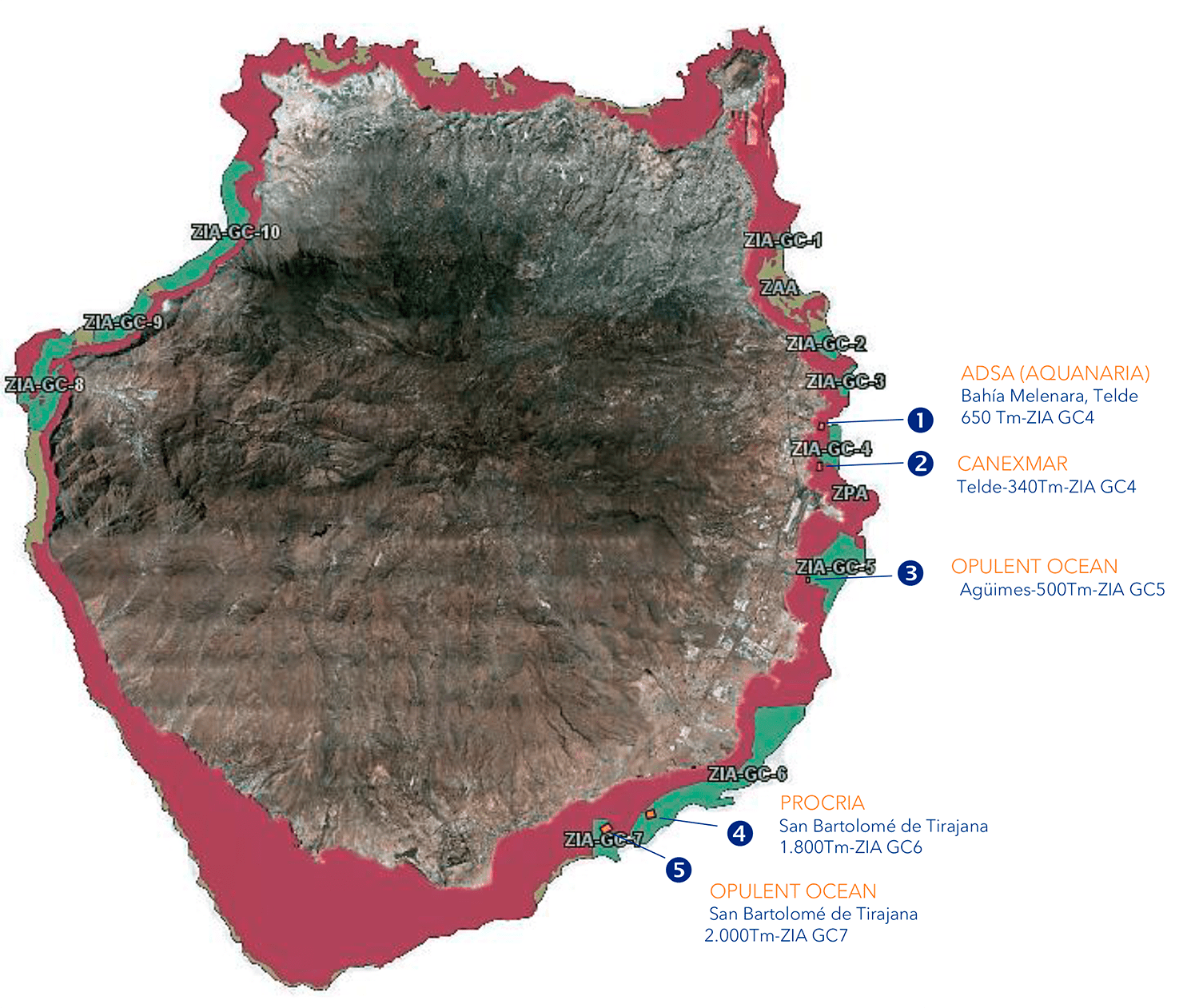 Mapa con la ordenación de la acuicultura en Gran Canaria